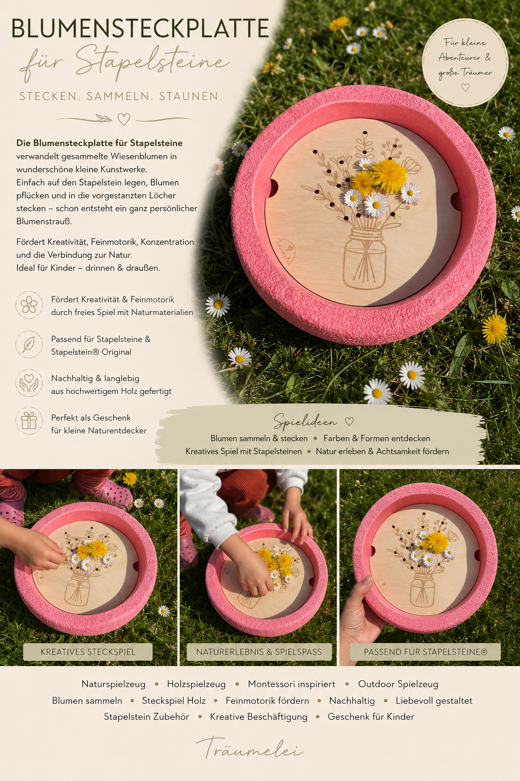 Aktivitätenplatte Stapelsteine / Balanciersteine / Blumensammler Steckplatte / Stapelstein Zubehör / Steckplatte Montessori
