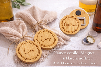 Namensschild aus Bambus – Platzkarte, Magnet & Flaschenöffner in einem