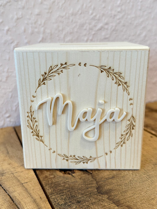 💖 Personalisierte Spardose Holz mit Acrylnamen | Geschenk zur Geburt, Taufe oder Geburtstag
