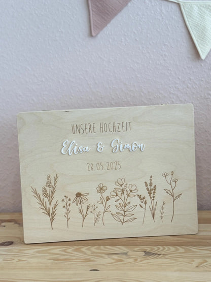 💍 Personalisierte Erinnerungskiste zur Hochzeit – Holzbox mit Gravur 🌿